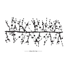 LED gem garland with black bead strands and wire frame, single horizontal arrangement