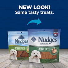 Blue Nudges Jerky Cuts chicken dog treat bags, side-by-side new look