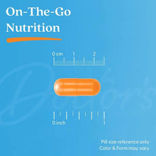 Orange curcumin gel capsule shown with size scale for on-the-go nutrition