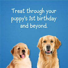 Dog training treats: two golden puppies with birthday text and treat pieces.