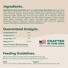 Jinx guaranteed analysis and feeding guidelines panel for grain-free wet dog food