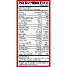 Pet Nutrition Facts table showing calories per piece and protein, fat, fiber, calcium values