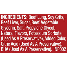 Ingredients panel for dog treats: beef lung, beef liver, soy grits, sugar