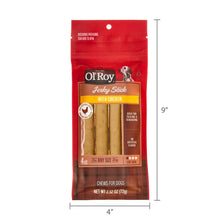 Chicken jerky stick pouch with 4" by 9" size labels and four brown dog treats