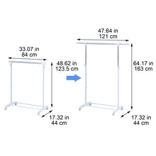 Garment rack size diagram with height and width measurements in inches and centimeters
