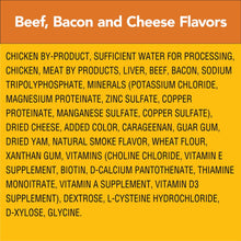 Wet dog food ingredient list panel featuring beef, bacon, liver, and dried cheese