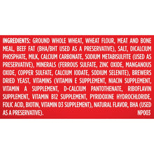 Ingredients panel for small dog biscuits listing wheat, meat and bone meal, minerals