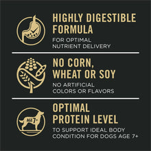 Senior dog food formula label: highly digestible, no corn, wheat, or soy