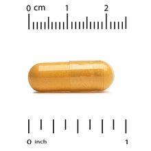Gold colored veggie capsule with L-methylfolate and B12, shown with size ruler