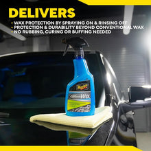 Meguiar's Hybrid Ceramic Wax spray bottle with microfiber cloth on car
