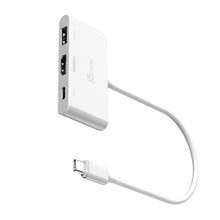 White USB-C hub with three ports facing away and attached cable