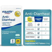 Equate anti-diarrheal loperamide tablets box with value comparison chart panel