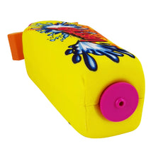 Yellow water blaster toy with pink spray nozzle and blue splash design