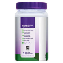 Kids melatonin bottle side label with clean ingredients icons and drug-free badge