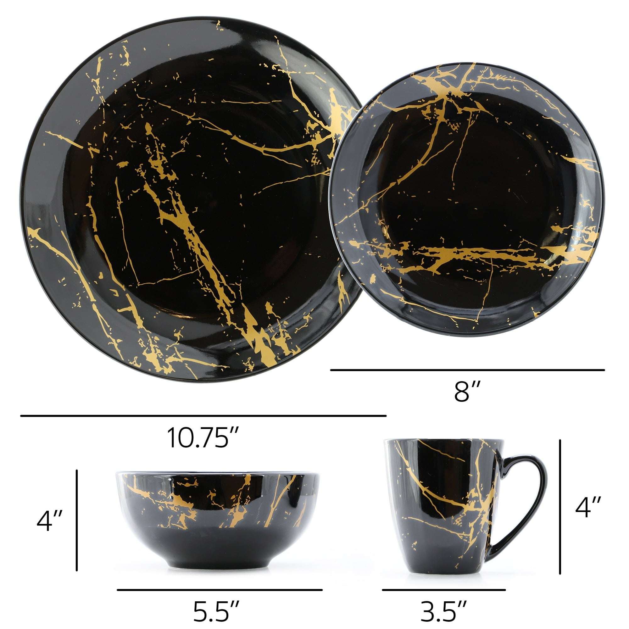Elama Fine Marble 16 Piece Porcelain Dinnerware Set in Black with Gold Veins