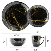 Porcelain dinnerware set with gold veined pattern, included plates, bowls and mugs with sizes