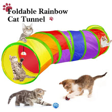 Foldable rainbow cat tunnel with round entrances and dangling catnip toy inside
