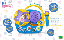 Ms. Rachel boombox with purple speaker and yellow handle, plus wired microphone.