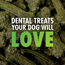 Dental bone treats with bold text overlay on green textured treats
