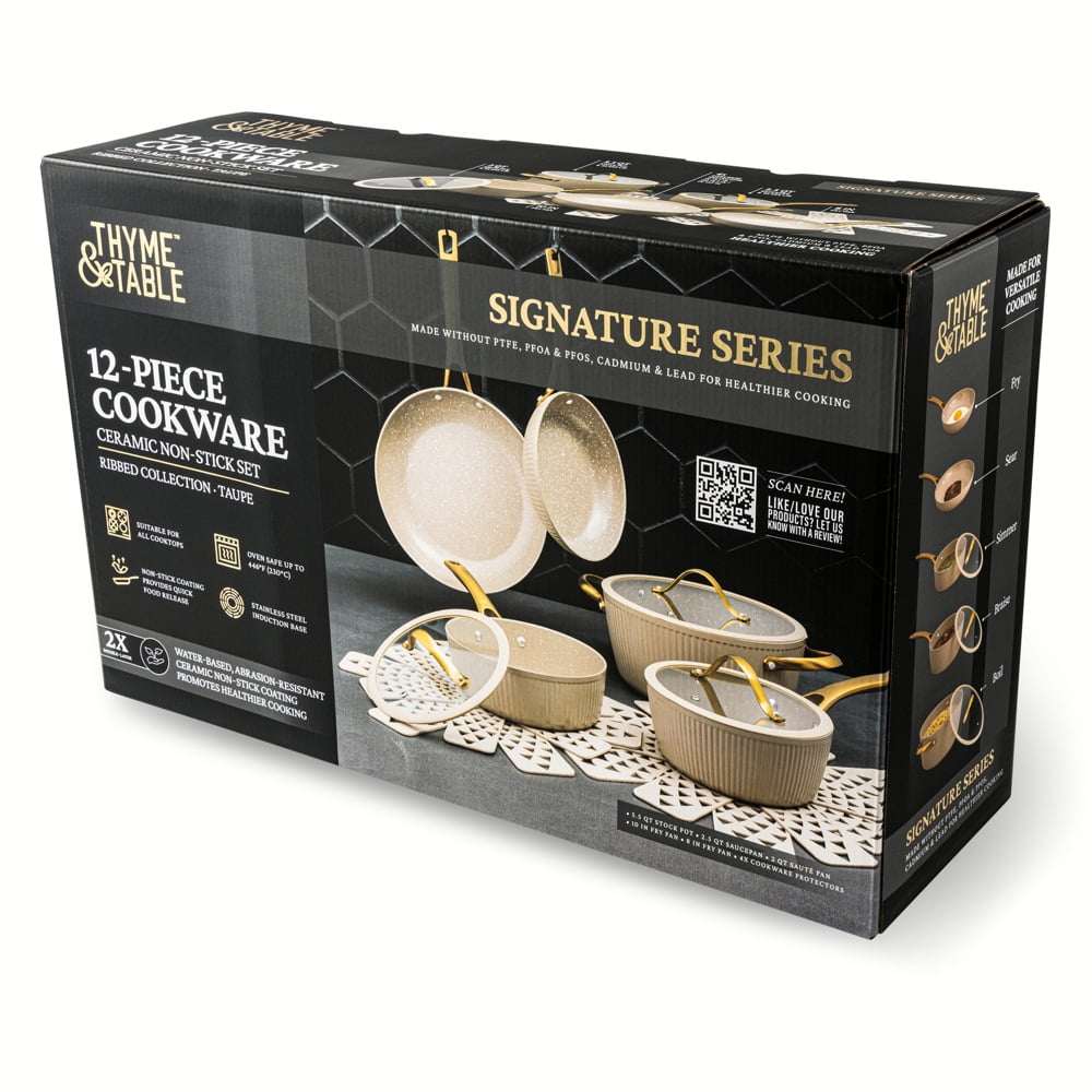 Thyme & Table 12-Piece Ceramic Non-Stick Signature Ribbed Cookware Set, Non-Toxic Pots and Pans Set - Taupe