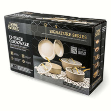 Signature series 12-piece ceramic nonstick cookware set box with taupe and gold graphics