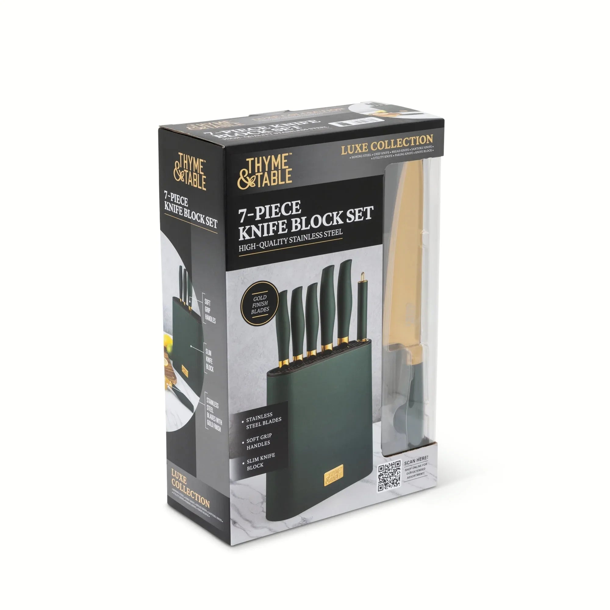 Thyme & Table 7-Piece Slim Block Knife Set with Gold Blades and Blue Block