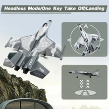 Grey RC jet aircraft with headless mode and one-key takeoff/landing graphic