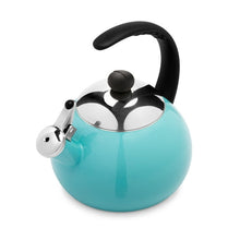 Aqua tea kettle with mirrored lid insert, curved black handle, and metal spout