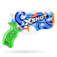 Water blaster gun with green grip and blue patterned barrel, clear front nozzle