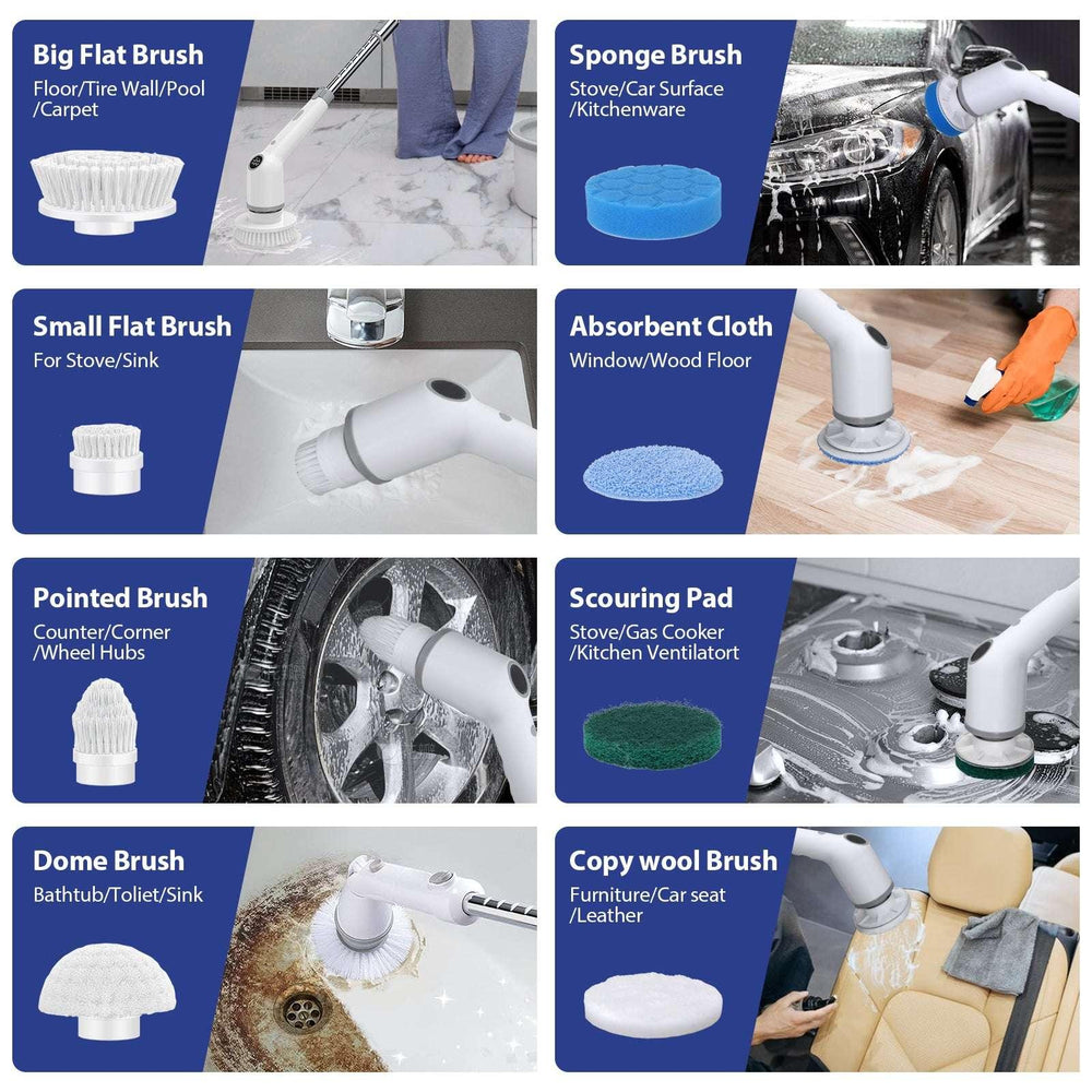 SZRSTH Electric Spin Scrubber, 450RPM Cordless Power Scrubber with Adjustable Handle 8 Heads Shower Cleaning Brush for Bathroom Floor - USA MEGA SHOP