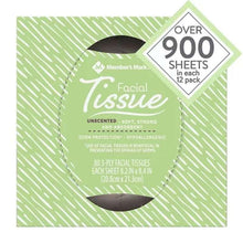 Facial tissue package with green patterned background, “over 900 sheets” badge