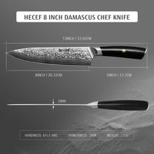 8-inch Damascus chef knife with black resin handle, with size diagram