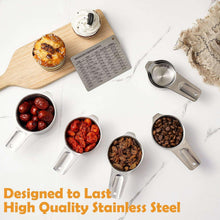Stainless steel measuring cups and spoons with ingredient bowls and measurement chart