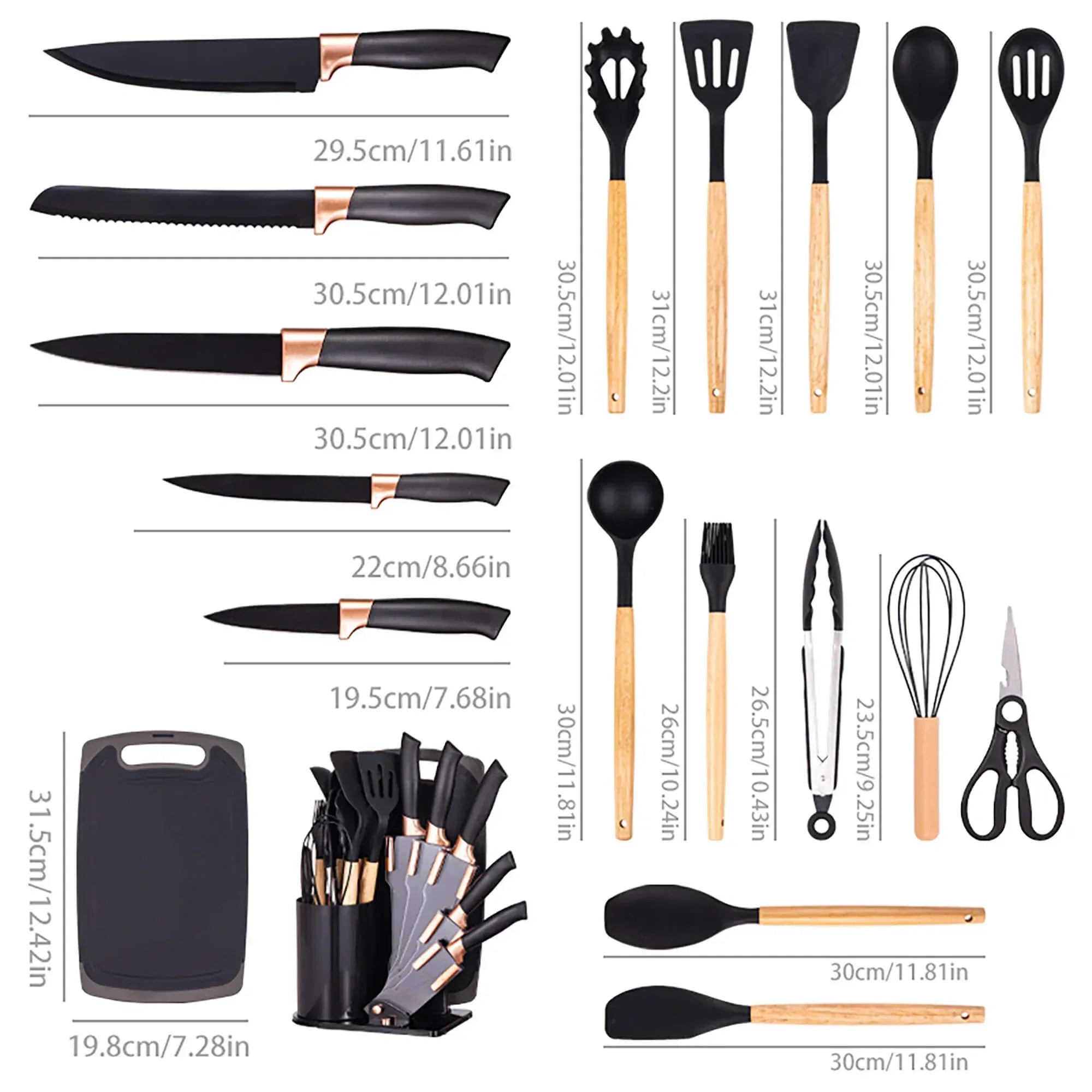 HEESEM 19-Piece Silicone Kitchen Utensil & Knife Set - Heat-Resistant Cooking Tools Non-Stick Safe Gift for Mom or Women Black