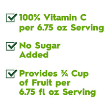 Juicy Juice claim panel: 100% vitamin C, no sugar added, 3/4 cup fruit