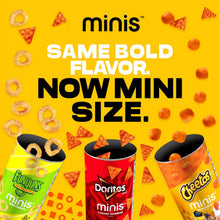Minis promotional graphic with assorted snack cups from Doritos, SunChips, and Cheetos