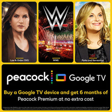 Streaming service promo tiles featuring Peacock and Google TV branding