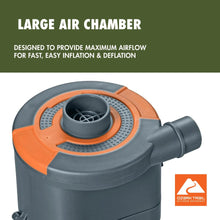 Electric air pump with orange-and-gray top panel, circular vent, and black air outlet