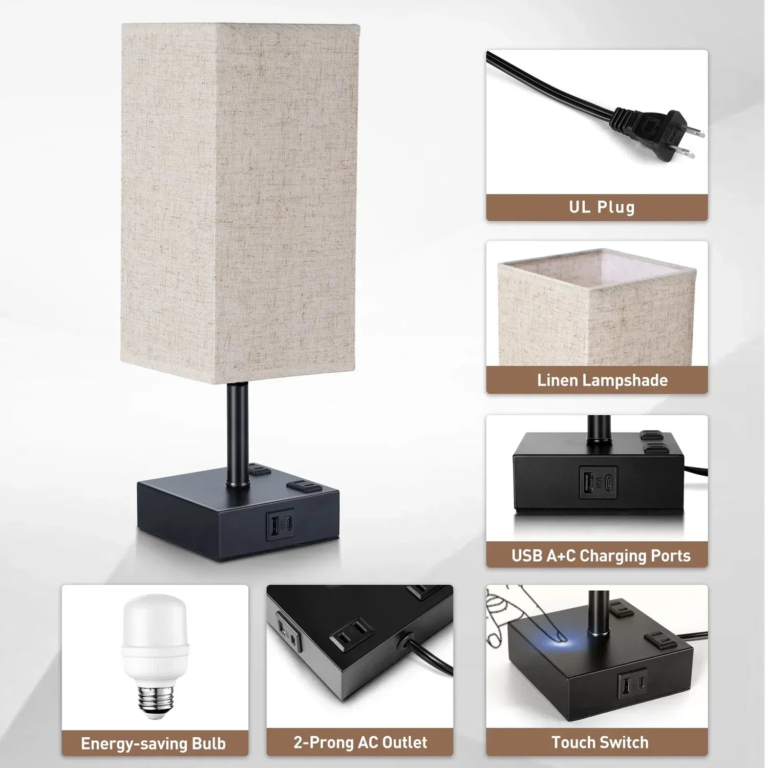 Walchoice Touch Control Table Lamp for Bedroom, 3-Way Dimmable Desk Lamp with USB A+C Charging Ports & 2-Prong AC Outlets, Nightstand Lamp with Rectangular Flaxen Shade - USA MEGA SHOP