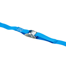 Close-up of blue cam buckle lashing strap with silver metal hardware