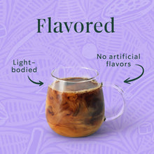 Flavored coffee product graphic with caramel-colored drink in a glass cup