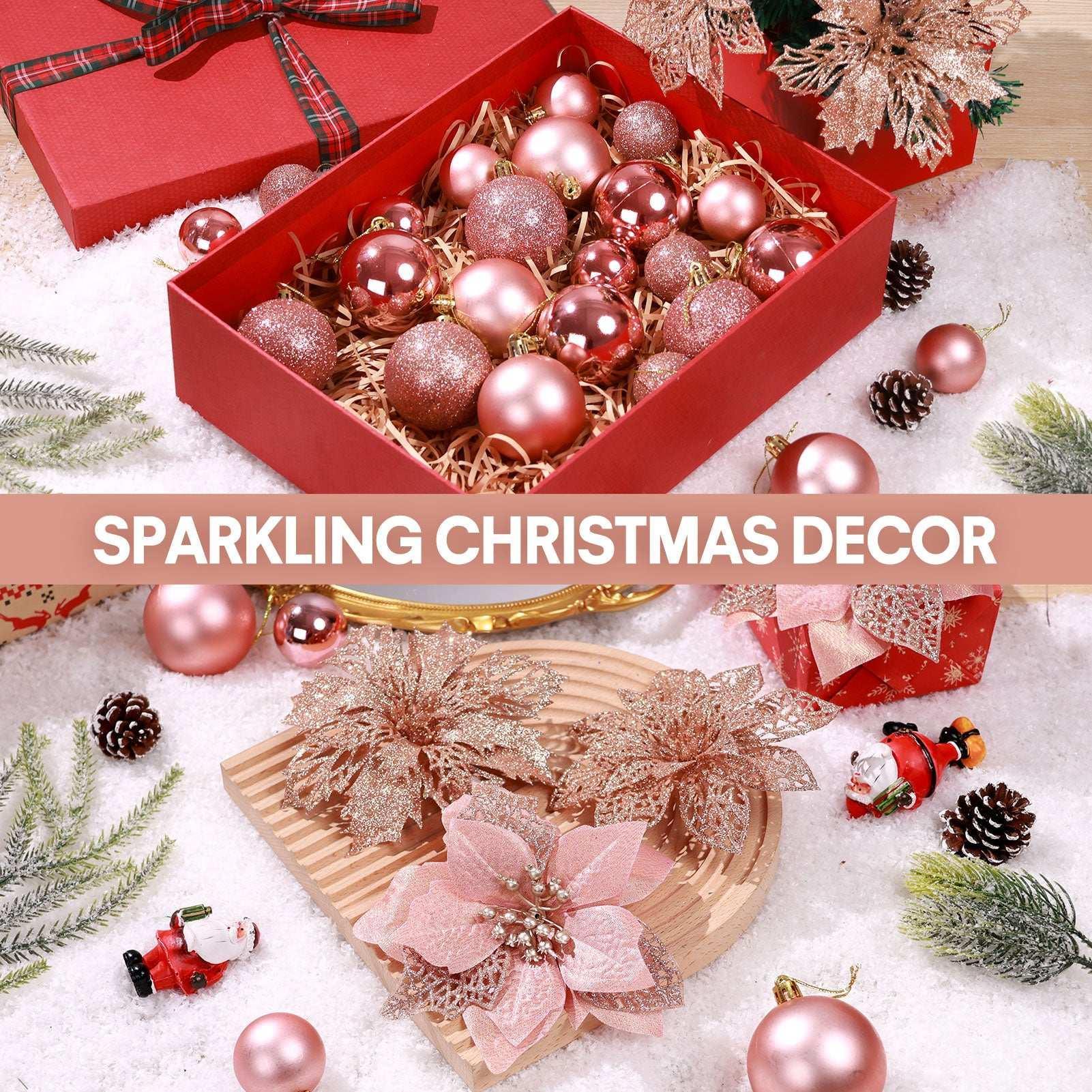 Ayieyill 92Pcs Christmas Tree Decorations Includes Poinsettia Christmas Flowers, Ball Ornaments, Artificial Glitter Berry Stems, Snowflake and Icicle Drop Crystal Ornaments | Rose Glod - USA MEGA SHOP