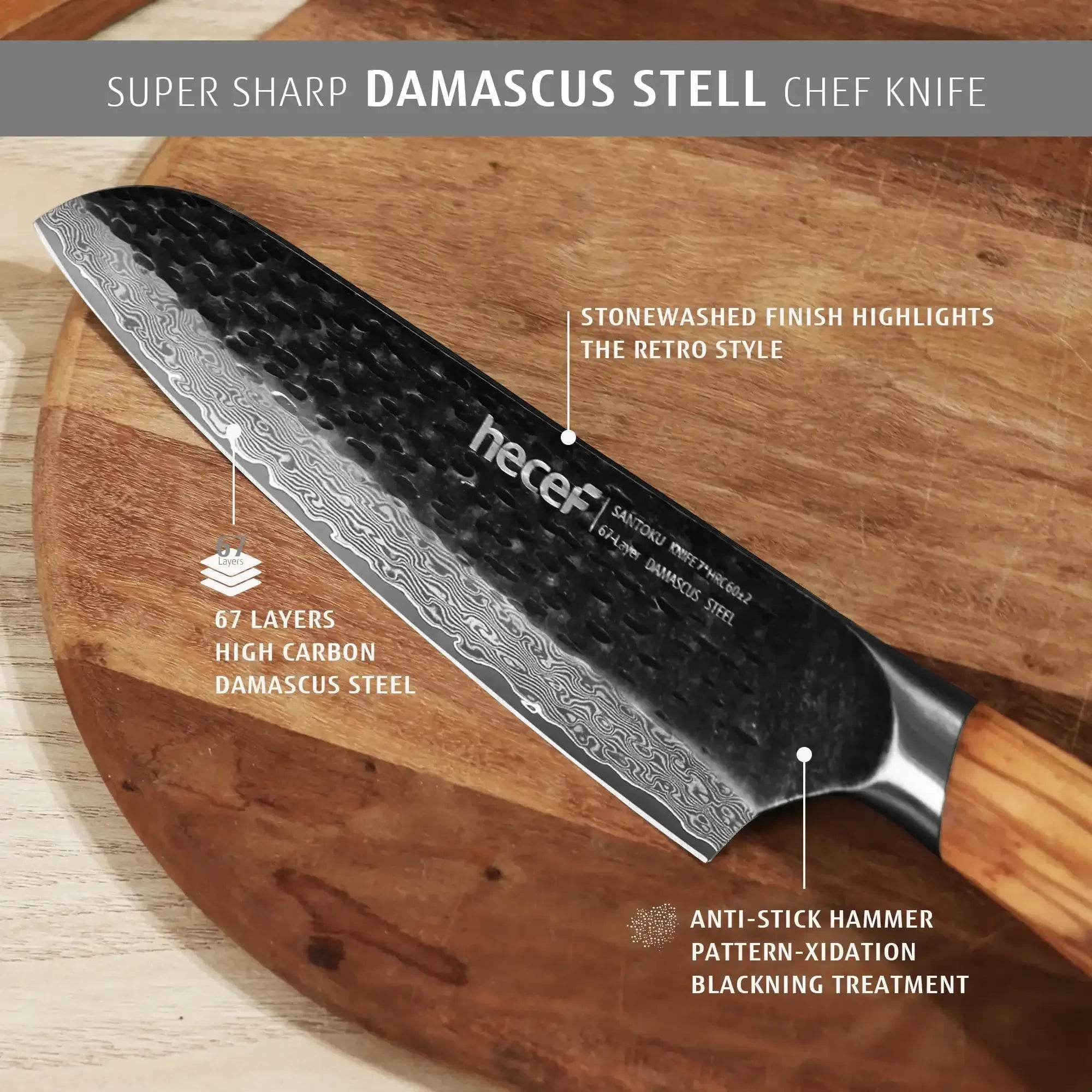 Hecef Japanese Chef Knife, Forged 67-Layer Damascus Steel Ultra Sharp Professional Hammered Carving Knife - USA MEGA SHOP
