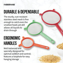 Red and green stainless mesh strainers with loop handles and ring feet