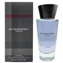 Men's eau de toilette set: black box and light blue glass bottle with Burberry Touch label.
