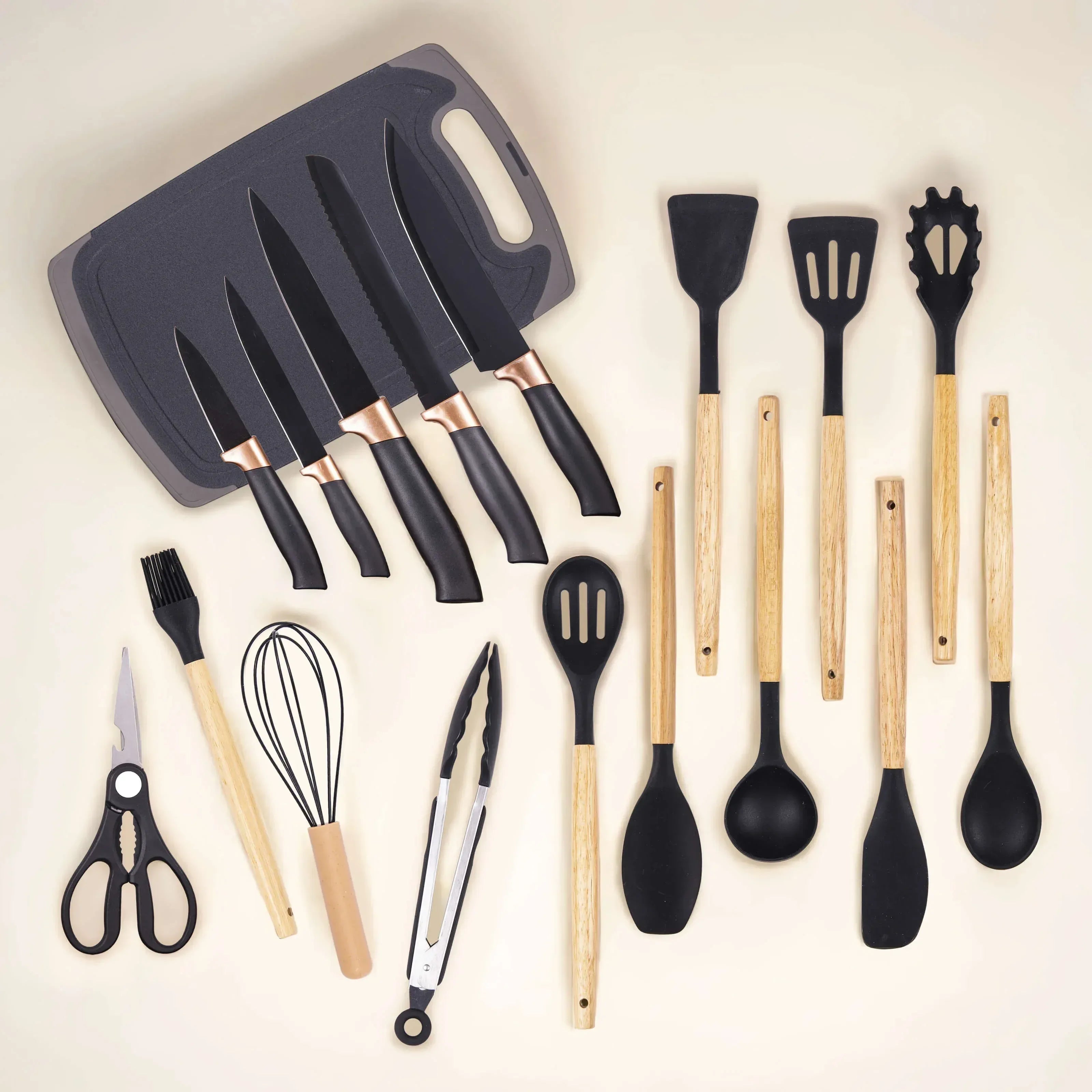 HEESEM 19-Piece Silicone Kitchen Utensil & Knife Set - Heat-Resistant Cooking Tools Non-Stick Safe Gift for Mom or Women Black