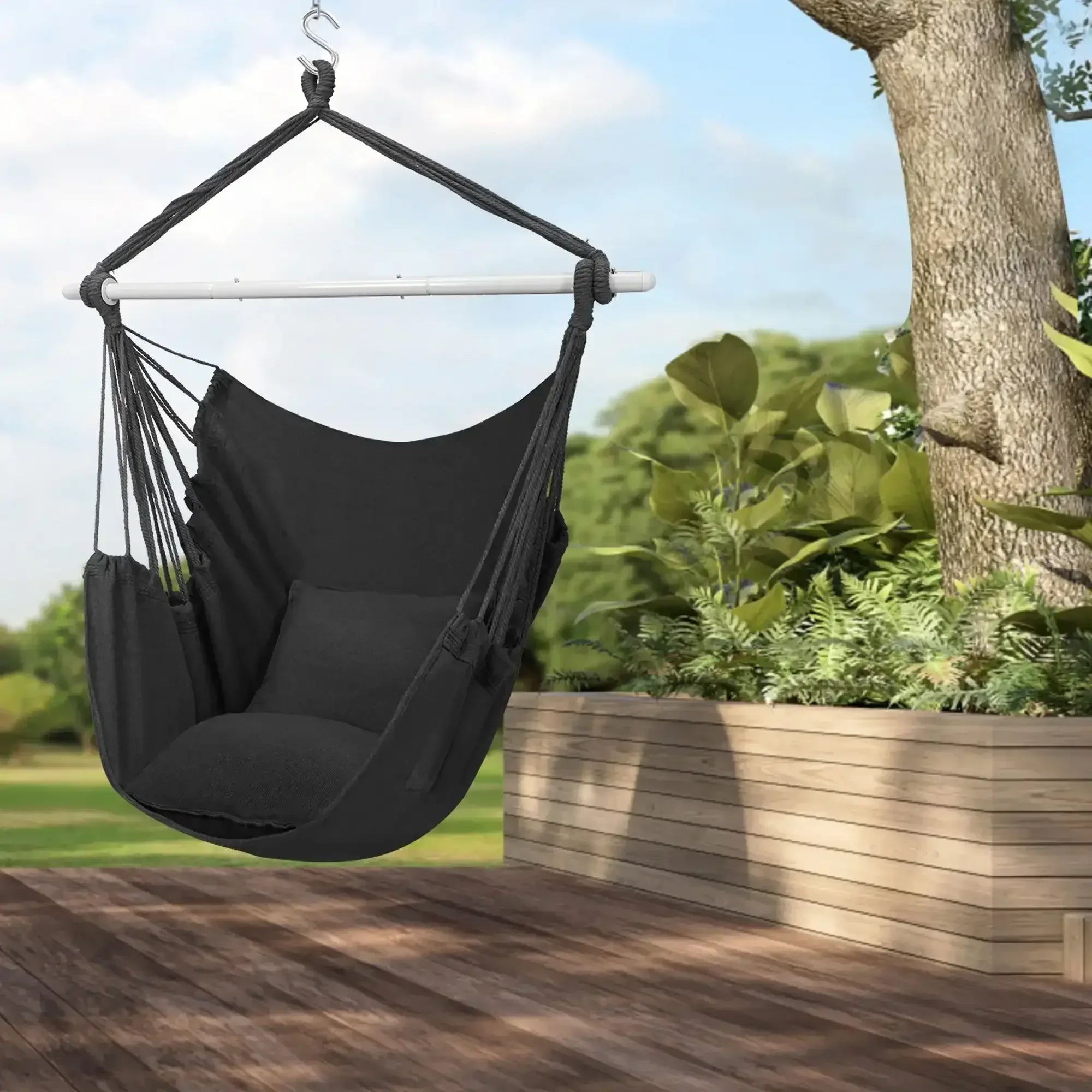 Large Hammock Chair Swing, Relax Hanging Rope Swing Chair with Detachable Metal Support Bar & Two Seat Cushions, Cotton Hammock Chair Swing Seat for Yard Bedroom Patio Porch Indoor Outdoor