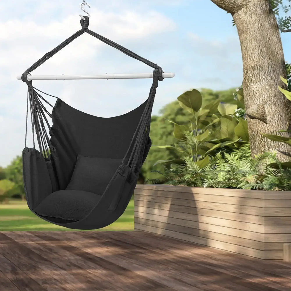 Large Hammock Chair Swing, Relax Hanging Rope Swing Chair with Detachable Metal Support Bar & Two Seat Cushions, Cotton Hammock Chair Swing Seat for Yard Bedroom Patio Porch Indoor Outdoor - USA MEGA SHOP