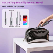 Mini curling iron and straightener with black cord and included travel pouch