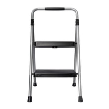 Foldable steel step stool with two black ribbed platforms and gray side rails